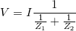 \displaystyle V=I \frac{1}{ \frac{1}{{Z}_{1}}+ \frac{1}{{Z}_{2}}}